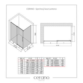 CERANO Sprchovací kút Lantono L/P chróm, transparentné sklo 100x100 cm posuvný CER-432157