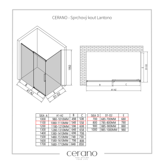 CERANO Sprchovací kút Lantono L/P chróm, transparentné sklo 110x70 cm posuvný CER-432160