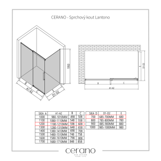CERANO Sprchovací kút Lantono L/P chróm, transparentné sklo 120x70 cm posuvný CER-432172