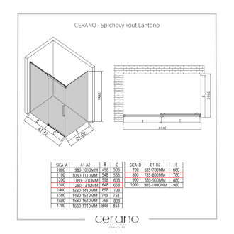 CERANO Sprchovací kút Lantono L/P chróm, transparentné sklo 130x80 cm posuvný CER-432187