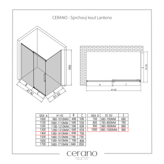 CERANO Sprchovací kút Lantono L/P chróm, transparentné sklo 140x100 cm posuvný CER-432205