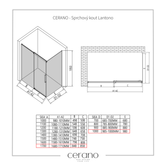 CERANO Sprchovací kút Lantono L/P chróm, transparentné sklo 170x100 cm posuvný CER-432295