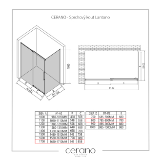 CERANO Sprchovací kút Lantono L/P chróm, transparentné sklo 170x80 cm posuvný CER-432289