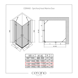 CERANO Sprchovací kút Marino Duo L/P chróm, transp.sklo 110x110 cm krídlový CER-422916
