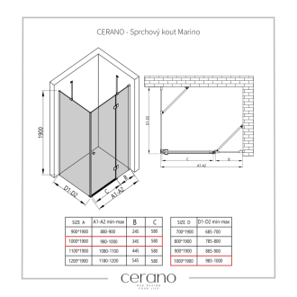 CERANO Sprchovací kút Marino L/P čierna matná, transp.sklo 100x100 cm krídlový CER-422880