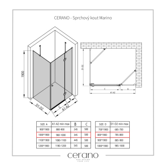 CERANO Sprchovací kút Marino L/P čierna matná, transp.sklo 100x80 cm krídlový CER-422871