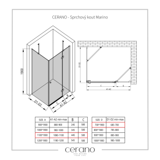 CERANO Sprchovací kút Marino L/P čierna matná, transp.sklo 110x70 cm krídlový CER-422883