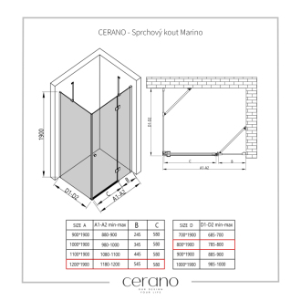 CERANO Sprchovací kút Marino L/P čierna matná, transp.sklo 120x80 cm krídlový CER-422901