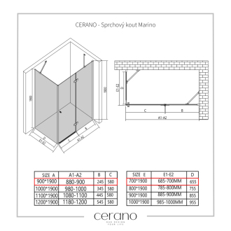 CERANO Sprchovací kút Marino L/P chróm, transparentné sklo 90x70 cm krídlový CER-422760