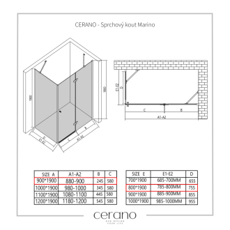 CERANO Sprchovací kút Marino L/P chróm, transparentné sklo 90x80 cm krídlový CER-422763