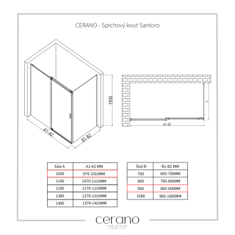 CERANO Sprchovací kút Santoro L/P čierna matná, transp.sklo 100x90 cm posuvný CER-431476