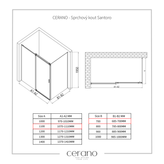 CERANO Sprchovací kút Santoro L/P čierna matná, transp.sklo 110x70 cm posuvný CER-431482
