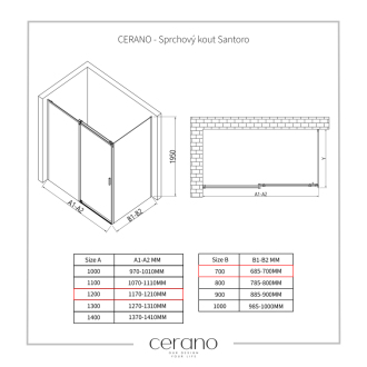 CERANO Sprchovací kút Santoro L/P čierna matná, transp.sklo 120x70 cm posuvný CER-431494