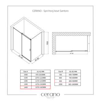 CERANO Sprchovací kút Santoro L/P čierna matná, transp.sklo 140x90 cm posuvný CER-431524
