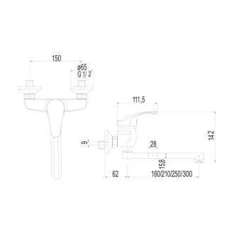 Mereo Sonáta drezová batéria nástenná 150 mm s ramienkom plochým rovným 210 mm M-CB302N