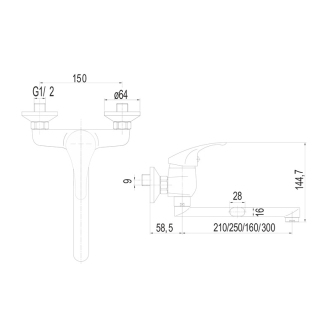 Mereo Lila drezová batéria nástenná 150 mm s ramienkom plochým rovným 160 mm M-CBEE30202
