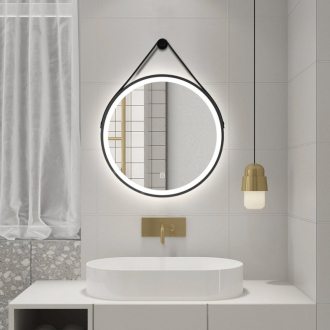 STAGO okrúhle zrkadlo s LED osvetlením 60cm, kožený opasok, dotykový senzor, čierna mat SG060