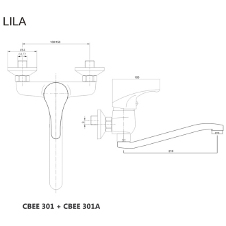 Mereo Lila drezová batéria nástenná 150 mm s ramienkom plochým vyhnutým 210 mm M-CBEE301