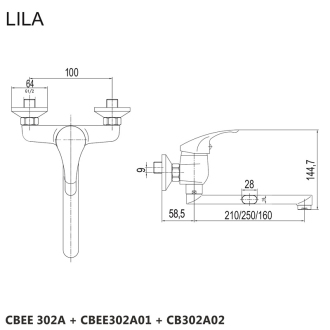 Mereo Lila drezová batéria nástenná 100 mm s ramienkom plochým rovným 250 mm M-CBEE302A01