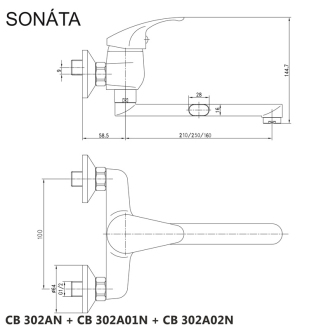Mereo Sonáta drezová batéria nástenná 100 mm s ramienkom plochým rovným 160 mm M-CB302A02N
