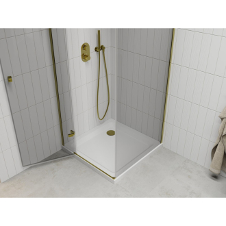 Mexen Roma sklopná sprchová kabína 80 x 80 cm, priehľadná, zlatá + plochá sprchová vanička - 854-080-080-50-00-4010