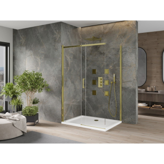 Mexen Omega výsuvná sprchová kabína 100 x 70 cm, priehľadná, zlatá + plochá sprchová vanička - 825-100-070-50-00-4010