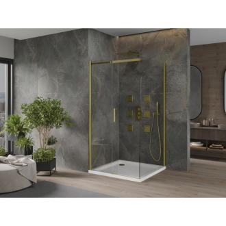 Mexen Omega výsuvná sprchová kabína 100 x 100 cm, priehľadná, zlatá + plochá sprchová vanička - 825-100-100-50-00-4010
