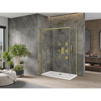 Mexen Omega výsuvná sprchová kabína 140 x 70 cm, priehľadná, zlatá + plochá sprchová vanička - 825-140-070-50-00-4010