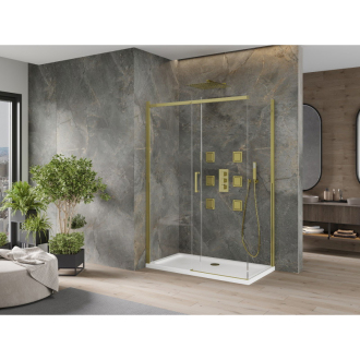 Mexen Omega výsuvná sprchová kabína 140 x 70 cm, priehľadná, zlatá + plochá sprchová vanička - 825-140-070-50-00-4010