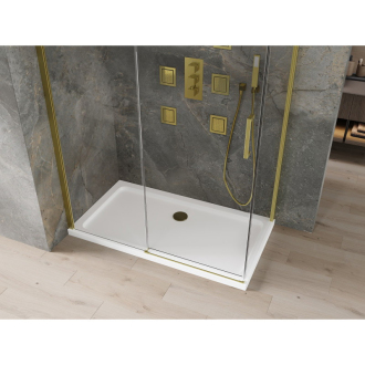 Mexen Omega výsuvná sprchová kabína 140 x 70 cm, priehľadná, zlatá + plochá sprchová vanička - 825-140-070-50-00-4010