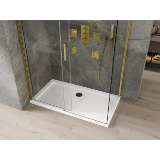 Mexen Omega výsuvná sprchová kabína 140 x 70 cm, priehľadná, zlatá + plochá sprchová vanička - 825-140-070-50-00-4010