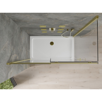 Mexen Omega výsuvná sprchová kabína 140 x 70 cm, priehľadná, zlatá + plochá sprchová vanička - 825-140-070-50-00-4010