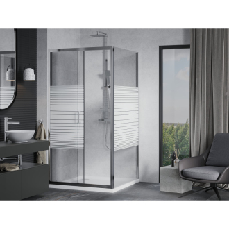 Mexen Apia výsuvná sprchová kabína 90 x 90 cm, transparentná/pruhy, chróm + plochá sprchová vanička - 840-090-090-01-20-4010