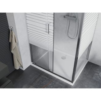 Mexen Apia výsuvná sprchová kabína 140 x 80 cm, transparentná/pruhy, chróm + plochá sprchová vanička - 840-140-080-01-20-4010