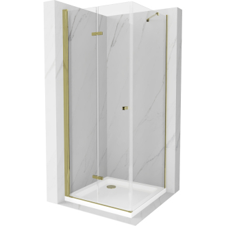 Mexen Lima skladací sprchovací kút 90 x 90 cm, transparentná, zlatá + plochá sprchová vanička - 856-090-090-50-00-4010