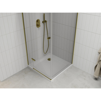 Mexen Roma sklopná sprchová kabína 90 x 90 cm, priehľadná, zlatá + plochá sprchová vanička - 854-090-090-50-00-4010