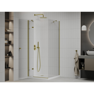 Mexen Roma sklopná sprchová kabína 90 x 90 cm, priehľadná, zlatá + plochá sprchová vanička - 854-090-090-50-00-4010