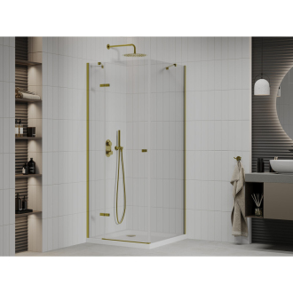 Mexen Roma sklopná sprchová kabína 90 x 90 cm, priehľadná, zlatá + plochá sprchová vanička - 854-090-090-50-00-4010