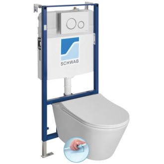 Závesné WC AVVA Rimless s podomietkovou nádržkou a tlačidlom Schwab, biela 100314-SET5
