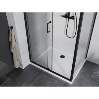 Mexen Apia výsuvná sprchová kabína 140 x 70 cm, priehľadná, čierna + plochá sprchová vanička, biela - 840-140-070-70-00-4010B