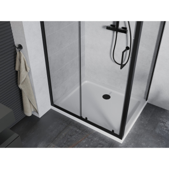 Mexen Apia výsuvná sprchová kabína 140 x 70 cm, priehľadná, čierna + plochá sprchová vanička, biela - 840-140-070-70-00-4010B
