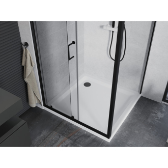 Mexen Apia výsuvná sprchová kabína 90 x 90 cm, priehľadná, čierna + plochá sprchová vanička, biela - 840-090-090-70-00-4010B