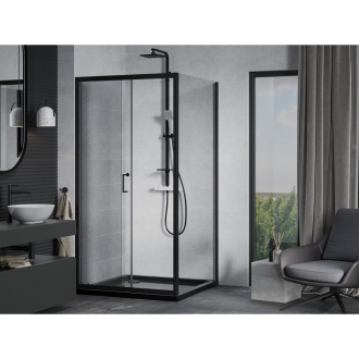 Mexen Apia výsuvná sprchová kabína 90 x 90 cm, priehľadná, čierna + plochá sprchová vanička, čierna - 840-090-090-70-00-4070B