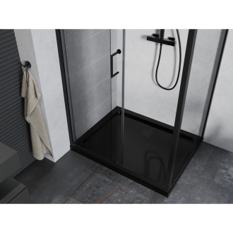 Mexen Apia výsuvná sprchová kabína 140 x 80 cm, priehľadná, čierna + plochá sprchová vanička, čierna - 840-140-080-70-00-4070B