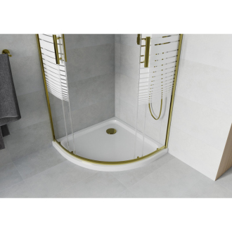 Sprchovací kút Mexen Rio polkruhový 90 x 90 cm, pruhy, zlatá + plochá sprchová vanička, biela - 863-090-090-50-20-4110G