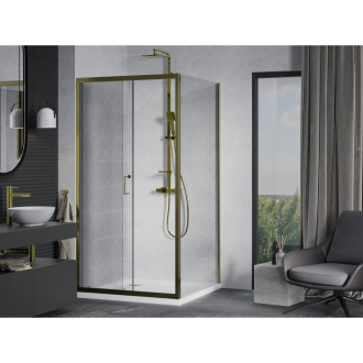 Mexen Apia výsuvná sprchová kabína 90 x 90 cm, priehľadná, zlatá + plochá sprchová vanička, biela - 840-090-090-50-00-4010G