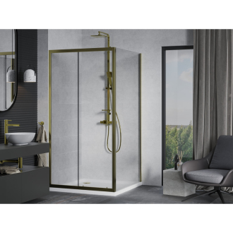 Mexen Apia výsuvná sprchová kabína 90 x 90 cm, priehľadná, zlatá + plochá sprchová vanička, biela - 840-090-090-50-00-4010G