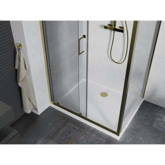 Mexen Apia výsuvná sprchová kabína 130 x 80 cm, priehľadná, zlatá + plochá sprchová vanička, biela - 840-130-080-50-00-4010G