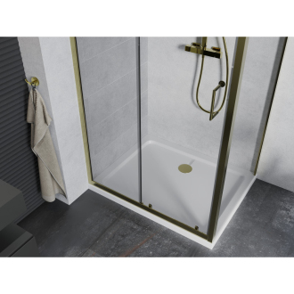 Mexen Apia výsuvná sprchová kabína 130 x 80 cm, priehľadná, zlatá + plochá sprchová vanička, biela - 840-130-080-50-00-4010G