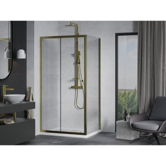Mexen Apia výsuvná sprchová kabína 130 x 90 cm, priehľadná, zlatá + plochá sprchová vanička, biela - 840-130-090-50-00-4010G